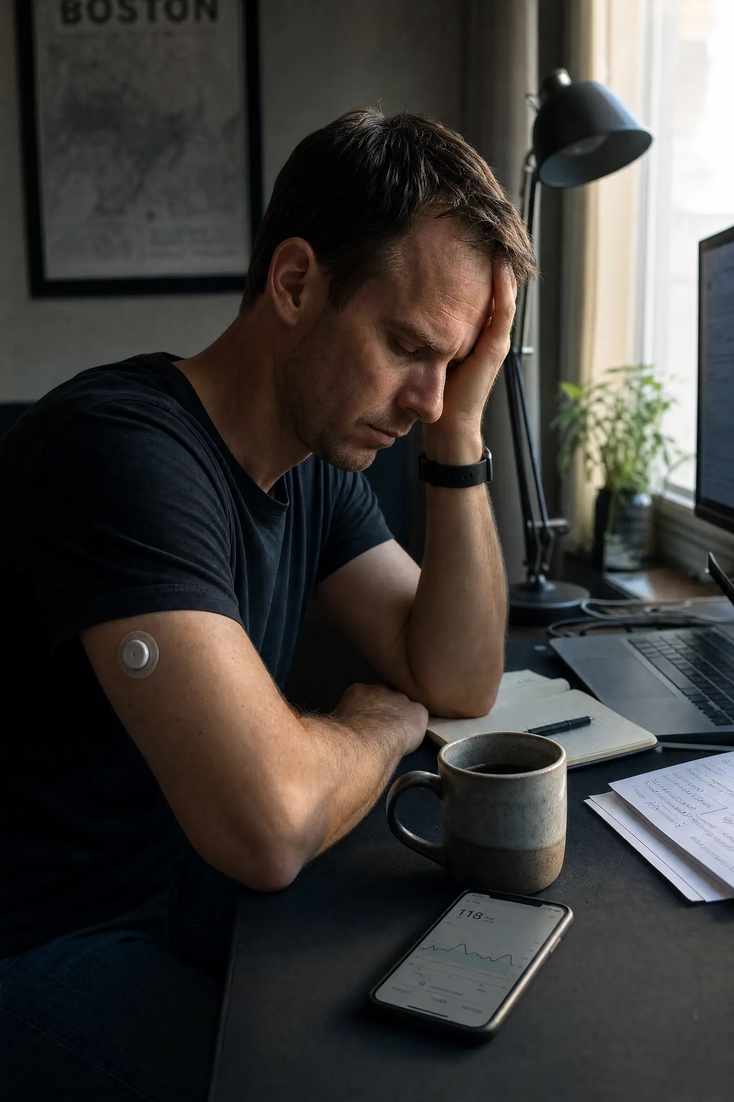 A man at a desk in dim light, tired