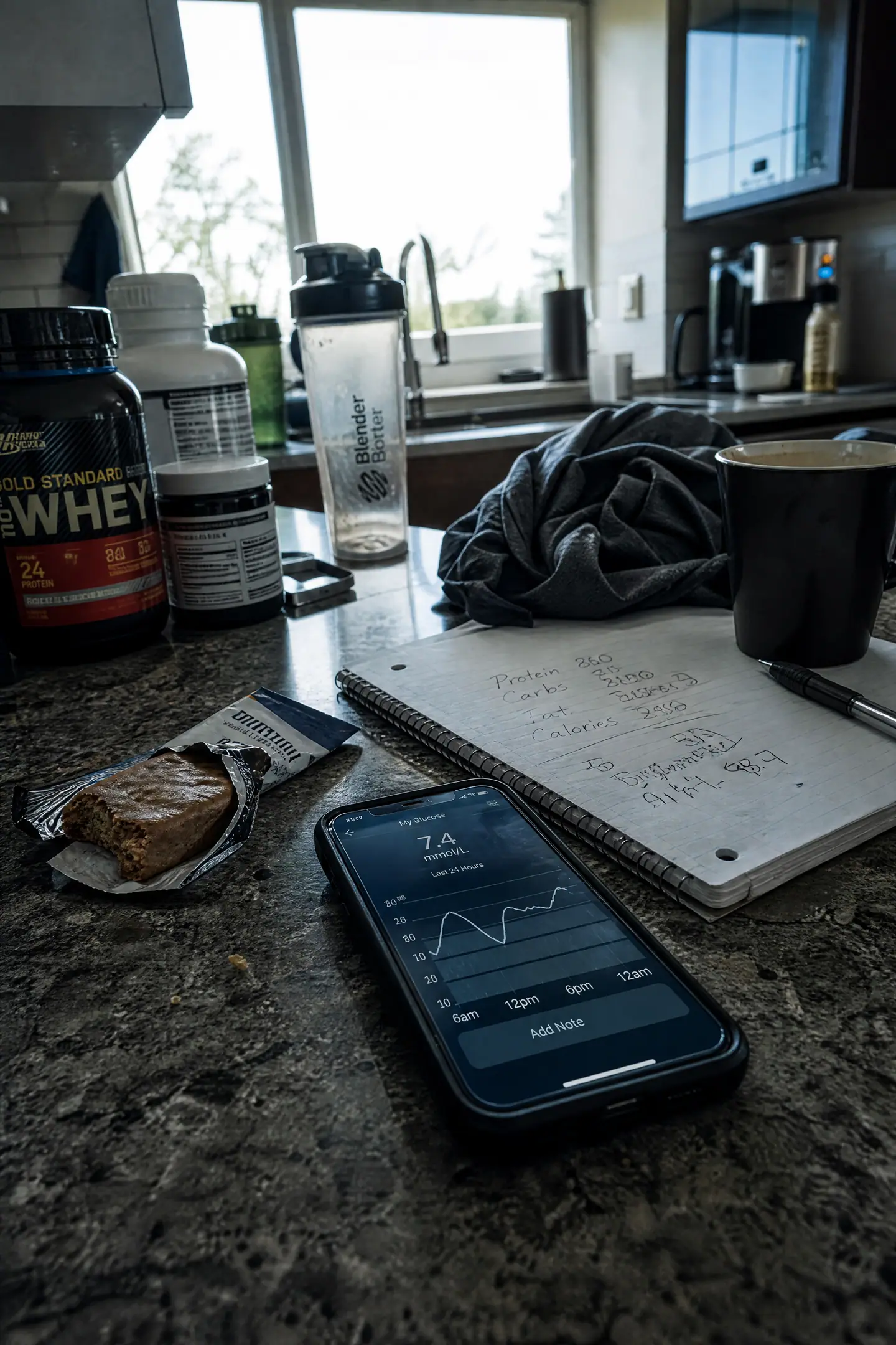 A chaotic kitchen counter with food, phone, and gym gear