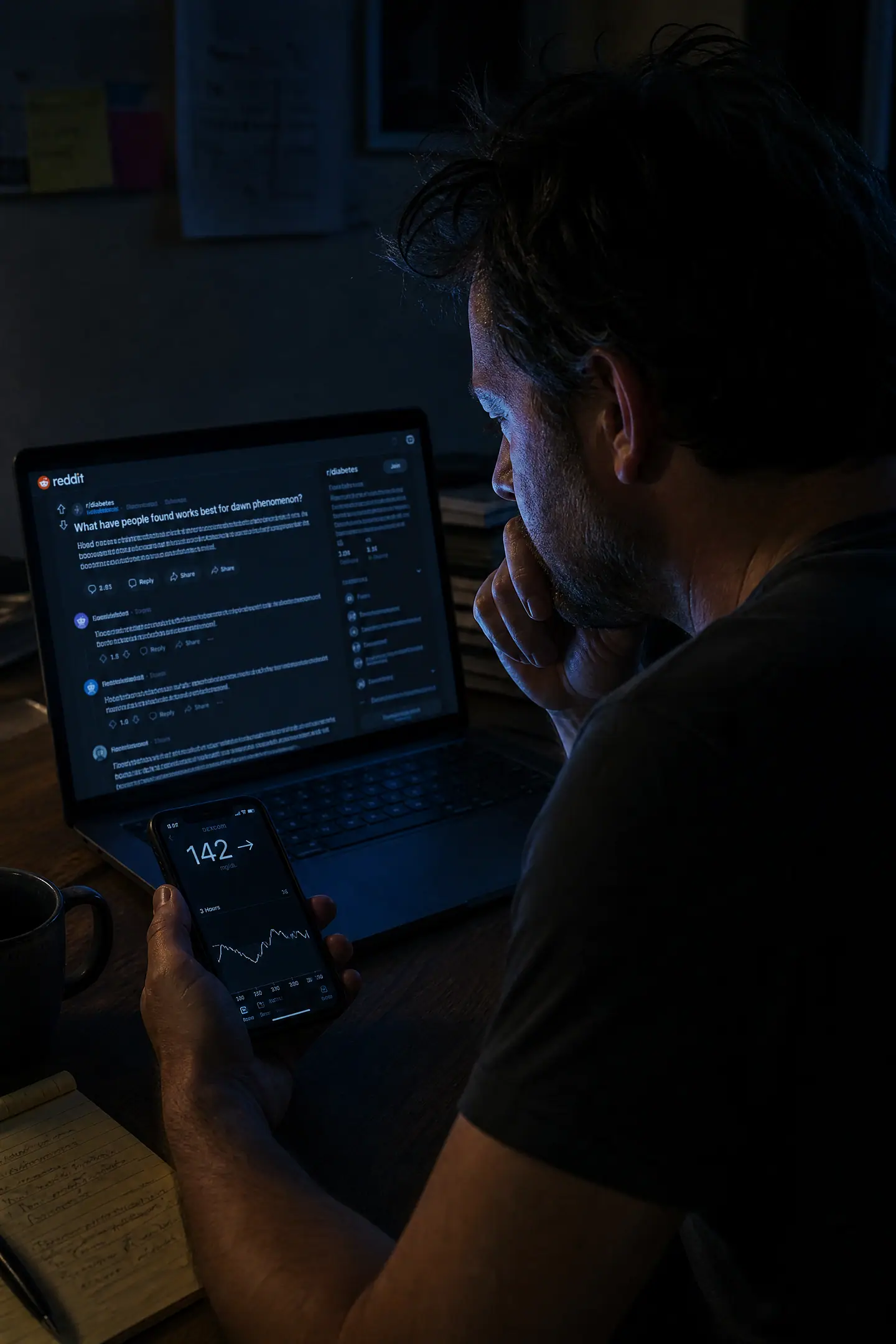 A phone screen with Reddit threads in dim late-night light