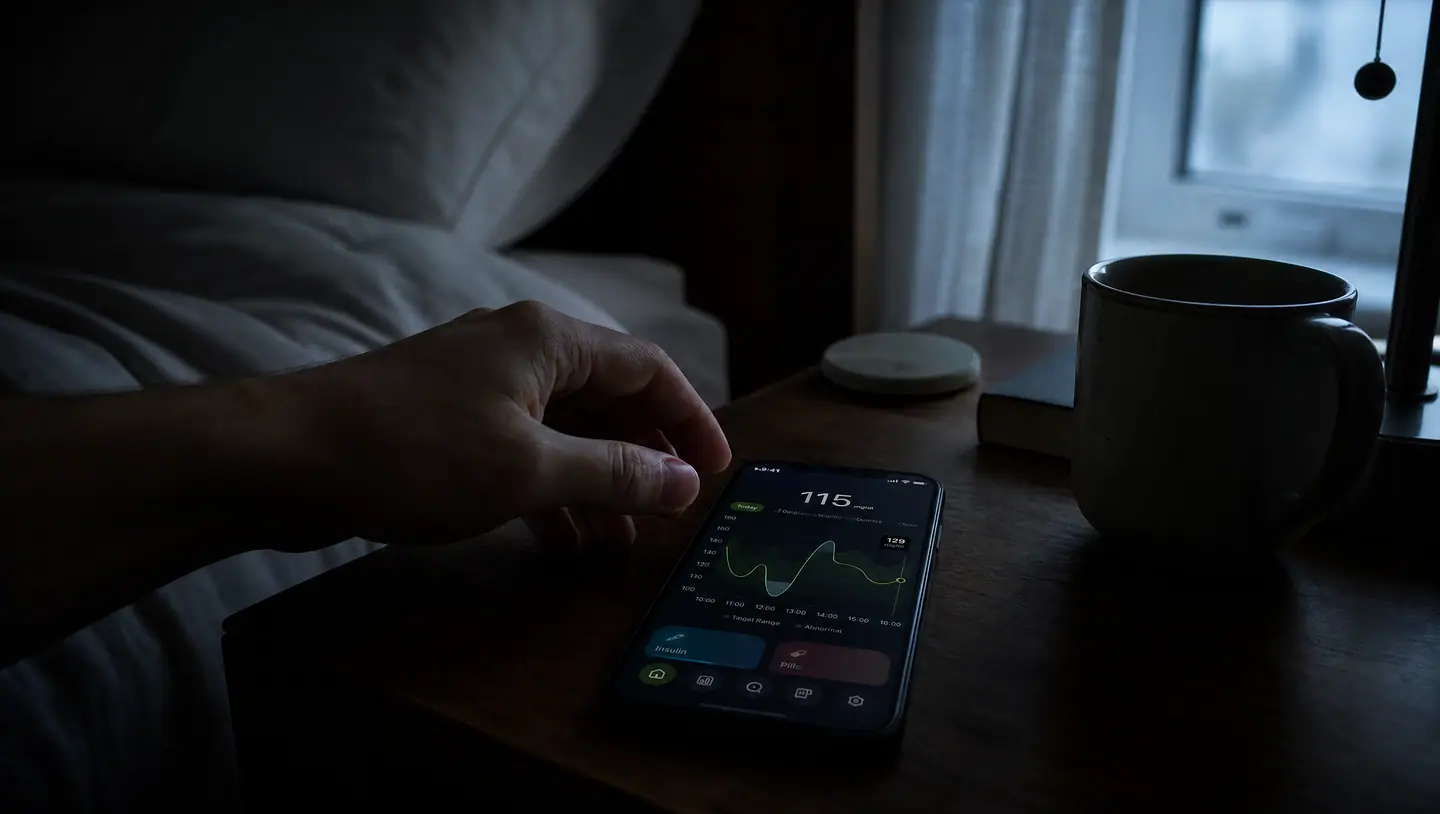 A hand reaching for a phone showing a glucose monitor in early morning light
