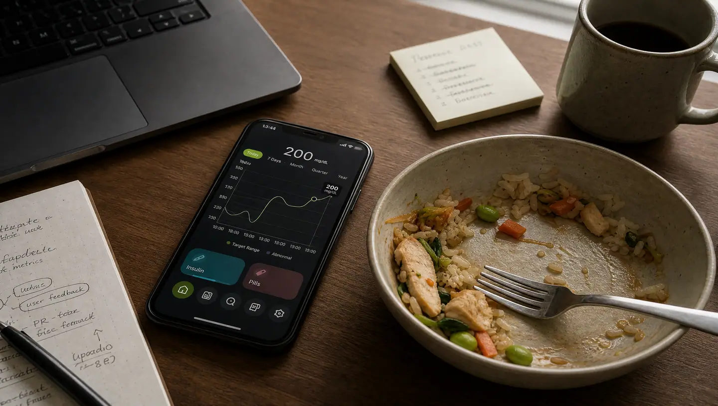 A half-eaten lunch on a desk beside a phone showing a glucose graph