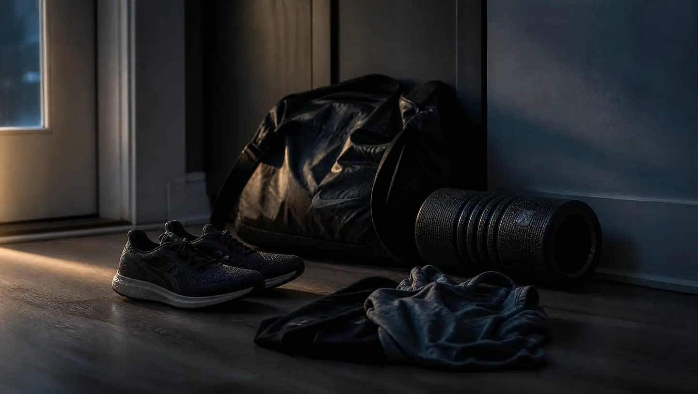 A gym bag and training shoes left untouched in a hallway